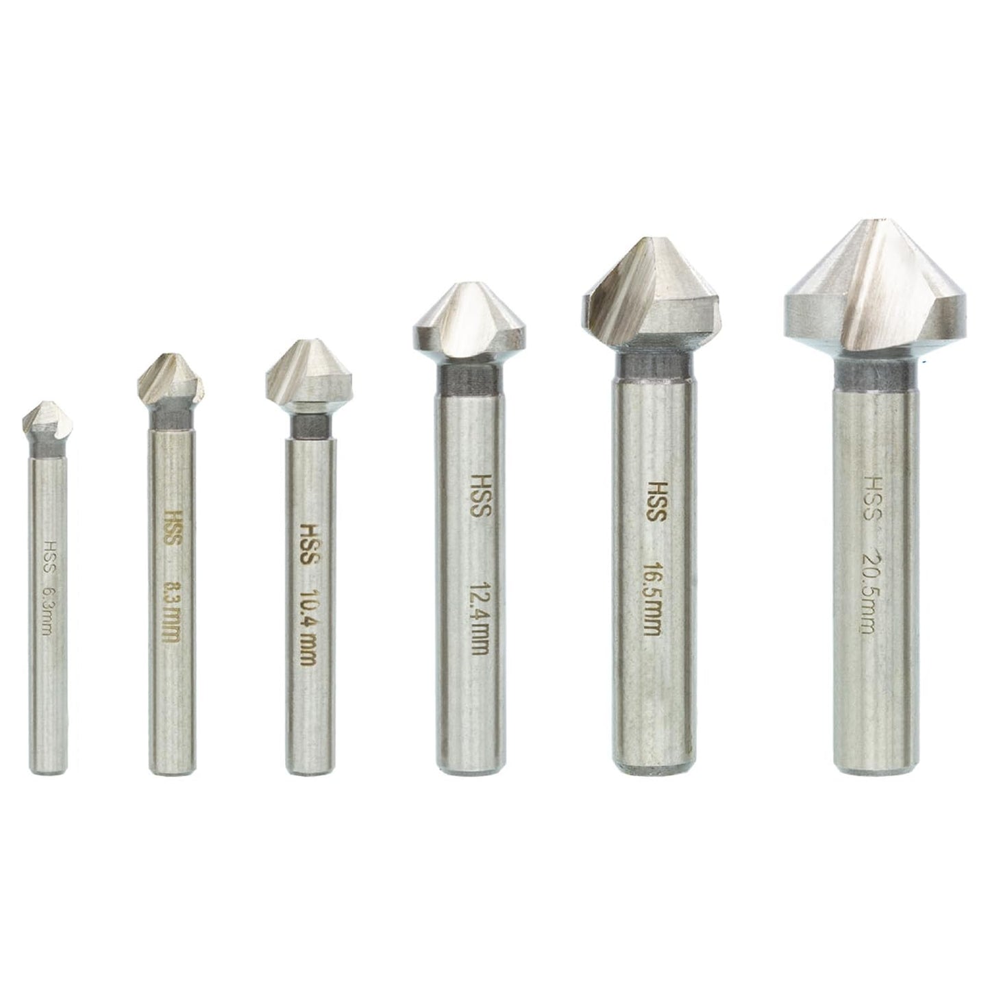 TJR® Countersink 90° Set of 6 Pieces 1/4", 1/3", 2/5", 1/2", 2/3", 4/5" HSS Uncoated, for chamfering. Tool Bits Set for Steel, Aluminum, Brass, Wood, Plastic (Uncoated in Original Rose Plastic Case)