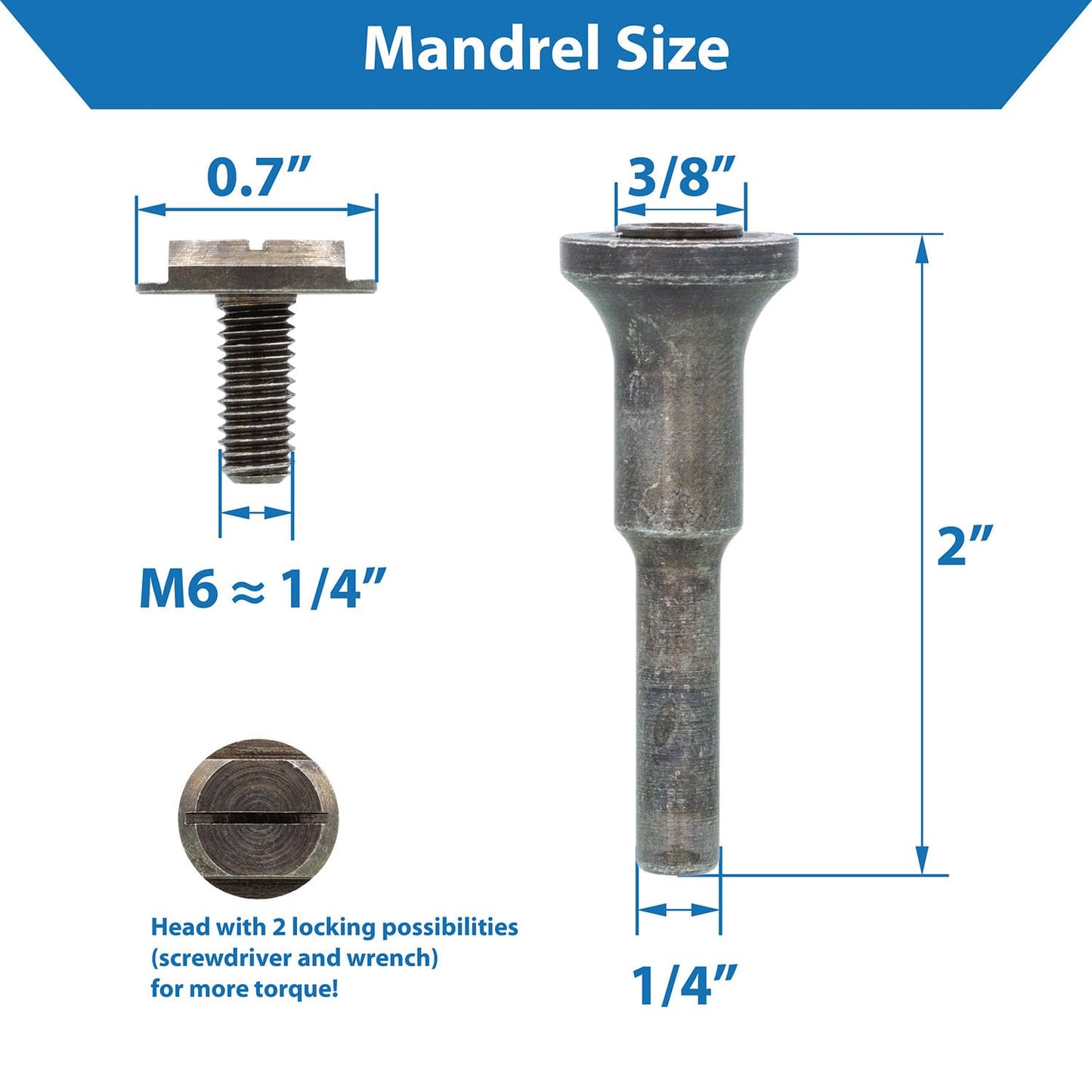 Mandril de montaje TJR© para discos de corte - Orificio de eje versátil de 3/8 de pulgada y vástago de ¼ de pulgada con opciones de bloqueo dobles con destornillador y llave - Eje para esmeriladora