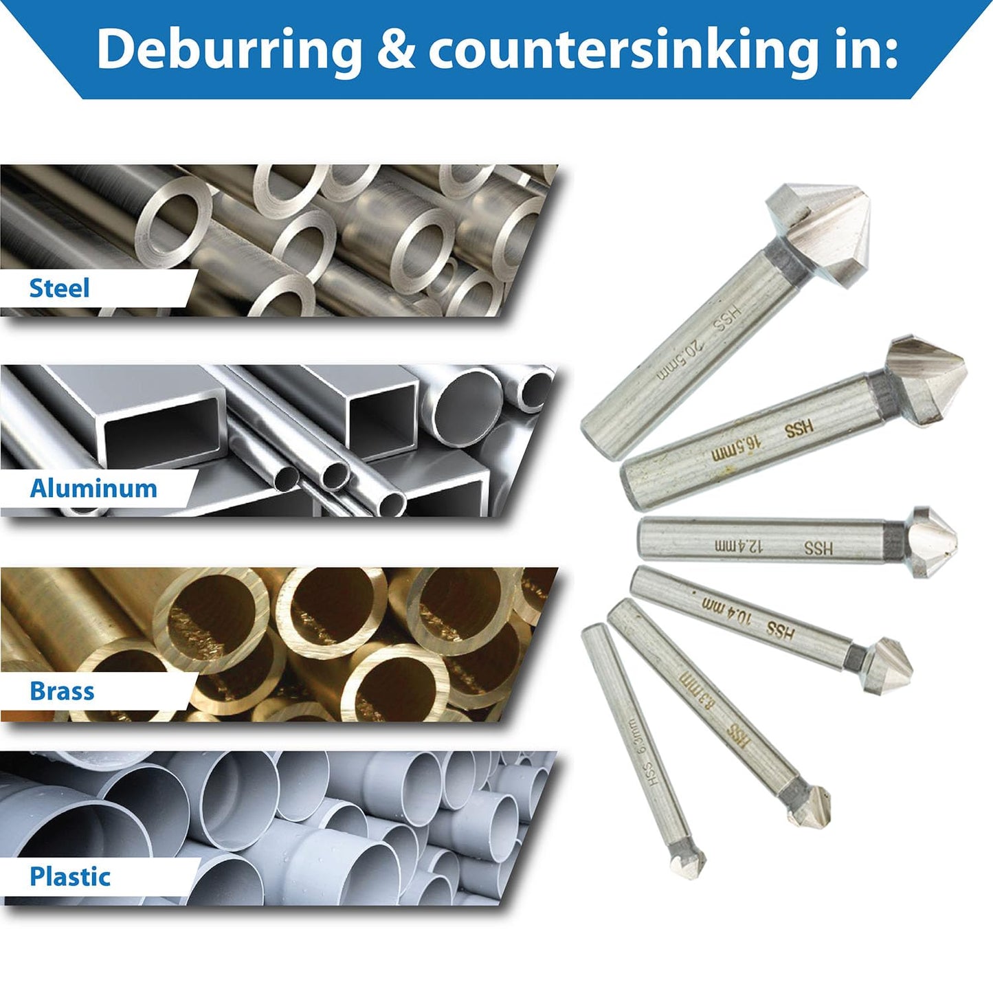 TJR® Countersink 90° Set of 6 Pieces 1/4", 1/3", 2/5", 1/2", 2/3", 4/5" HSS Uncoated, for chamfering. Tool Bits Set for Steel, Aluminum, Brass, Wood, Plastic (Uncoated in Original Rose Plastic Case)