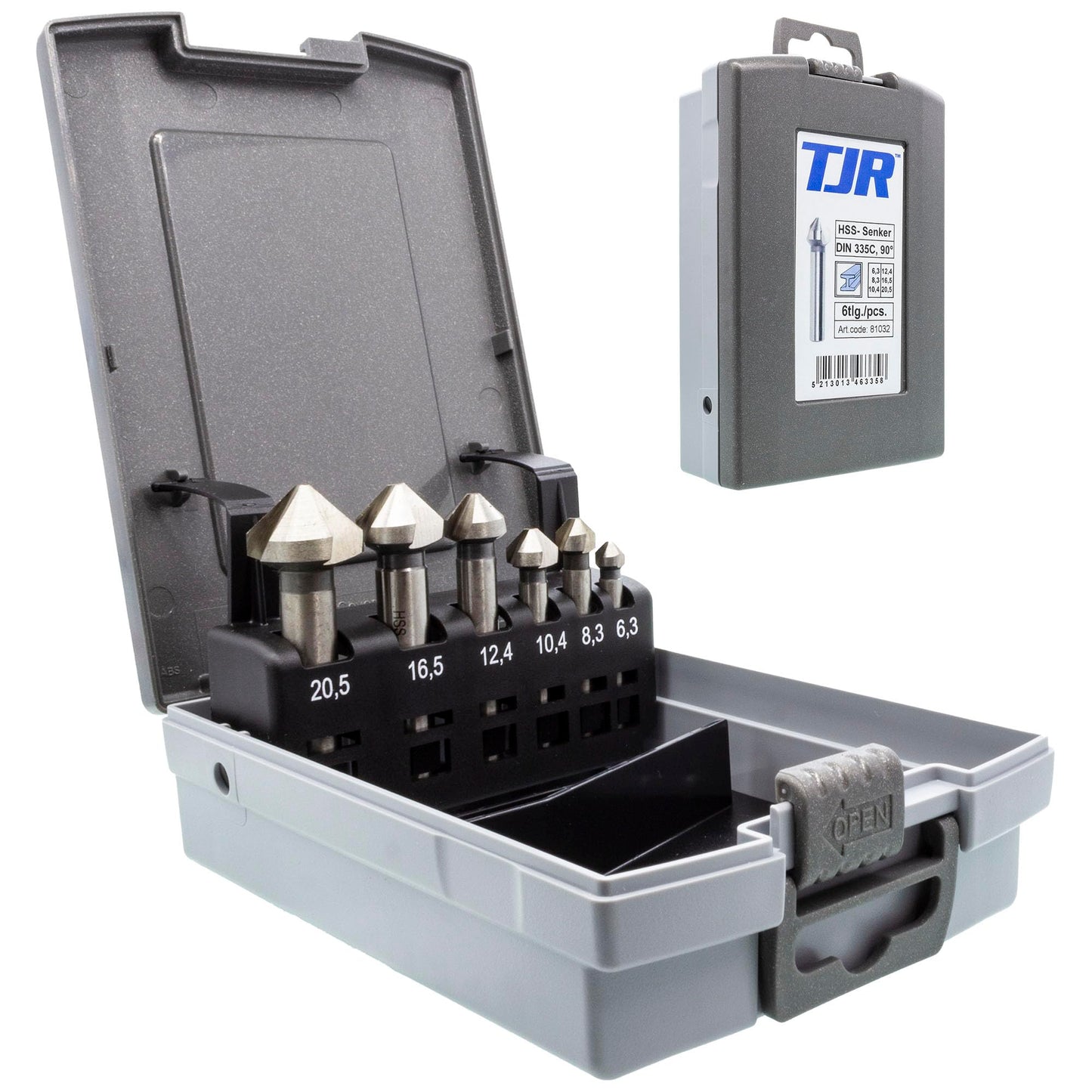 TJR® Countersink 90° Set of 6 Pieces 1/4", 1/3", 2/5", 1/2", 2/3", 4/5" HSS Uncoated, for chamfering. Tool Bits Set for Steel, Aluminum, Brass, Wood, Plastic (Uncoated in Original Rose Plastic Case)