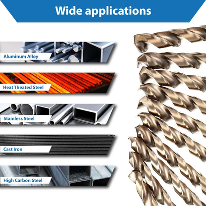 TJR® HSS-E M35 Cobalt Twist Drill Bit Set 19 Pieces 1-10mm 0.5mm Steps Self-Centering Metal Drill Bit DIN 338 Type N 135°